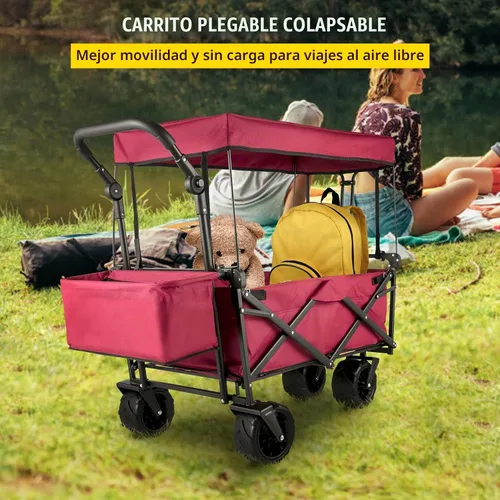 Vista 2 de Happbuy Vagón Plegable con Toldo Extraíble, 220lbs Vagón de Playa Plegable de Servicio Pesado con Ruedas Grandes Rojo
