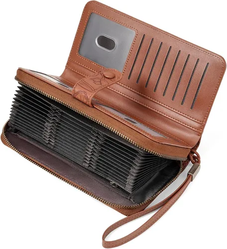 Vista 9 de SENDEFN Cartera de piel con cierre RFID para mujer, con cierre de cremallera, de gran capacidad, con correa para la muñeca, Marrón, Classic