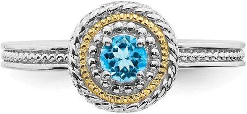 Vista 4 de Anillo de plata de ley 925 maciza y oro amarillo de 14 quilates apilable de plata de ley 925 con topacio azul