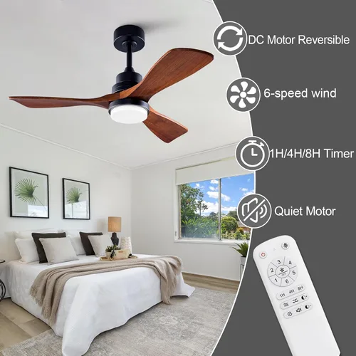 Vista 4 de Ventiladores de techo para exteriores de 42 pulgadas con luces y control remoto, ventiladores de techo regulables de madera de 3 aspas para patios