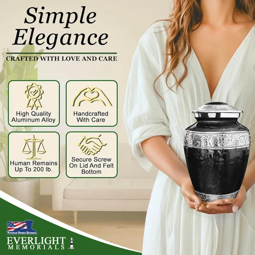 Vista 2 de Forever After - Urna de cremación negra para cenizas humanas, urna decorativa grande para hombres y mujeres adultos, urnas de entierro para cenizas