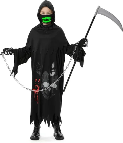 Vista 4 de Grim Reaper Costume for Kids, Halloween Costumes for Boys and Girls, with Scythe, Chain, Gloves and Luminous Masks