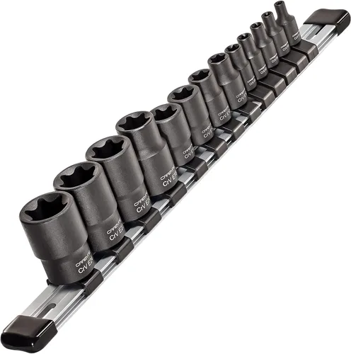 Vista 6 de CARBYNE Juego de llaves Torx externas (E-Torx) de 13 piezas, E4 a E24, acero CrV, acabado de fosfato de manganeso, unidad de 1/4 3/8 1/2 pulgadas