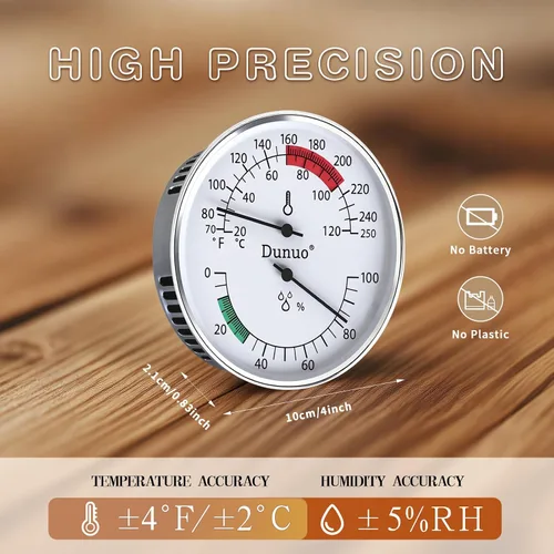 Vista 3 de Termómetro higrómetro de sauna, medidor de temperatura de 4 pulgadas con Fahrenheit y Celsius, 70-250°F / 0-100% HR, medidor analógico resistente al