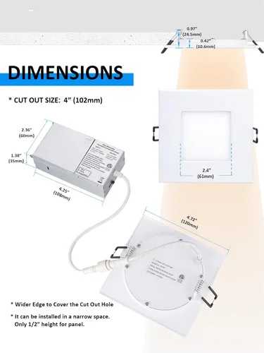 Vista 6 de POPANU Iluminación empotrable LED cuadrada de 4 pulgadas, lámpara empotrable sin lata, luz de techo regulable con caja de conexiones, Blanco