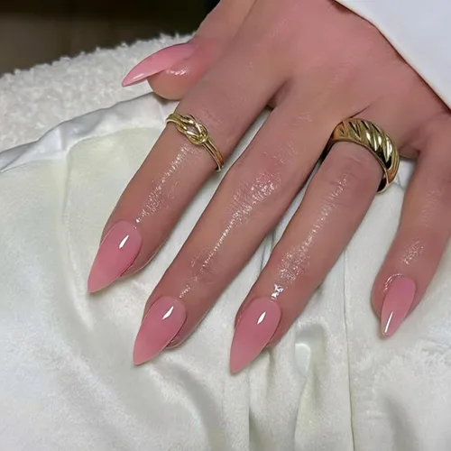 Vista 38 de Uñas postizas a presión color rosa bebé con forma de almendra, 48 piezas, uñas postizas gruesas neutras para mujeres, uñas de almendra medianas a