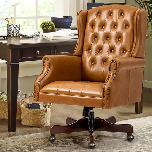 Vista 13 de ECOTOUGE Silla de escritorio ejecutiva mejorada 2026, silla de oficina en casa con respaldo de alas de cuero con ribete de cabeza de clavos y Azul