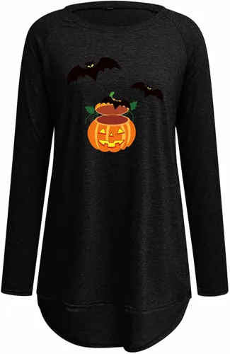 Vista 4 de UODSVP Sudaderas de Halloween para mujer estilo casual sueltas cuello redondo hombros caídos suéter de manga larga