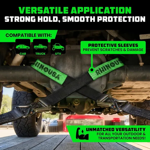 Vista 3 de Rhino USA Correas de amarre de automóvil para remolques con ganchos en J (paquete de 4) – 2" x 8' (10,000 lb de resistencia a la rotura) – Correas