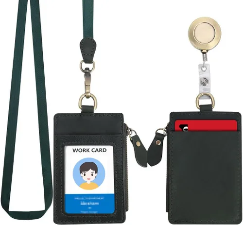 Vista 14 de Wonderpool Soporte de cuero para tarjetas de identificación con bolsillo con cremallera, ranuras para tarjetas, cordón desmontable para el cuello