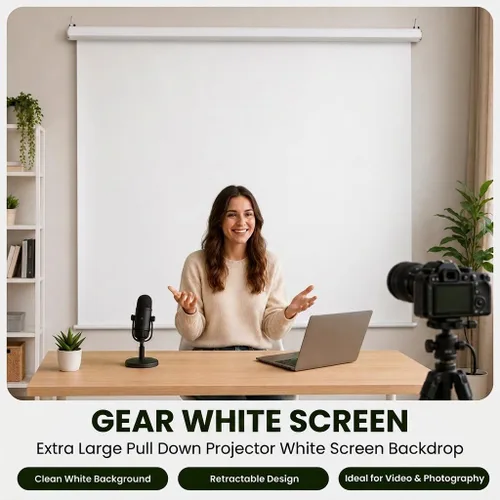 Vista 2 de Estilo más amplio: pantalla blanca KHOMO Gear de 84 x 84 pulgadas, telón de fondo extraíble extragrande, pantalla de proyector enrollable plegable