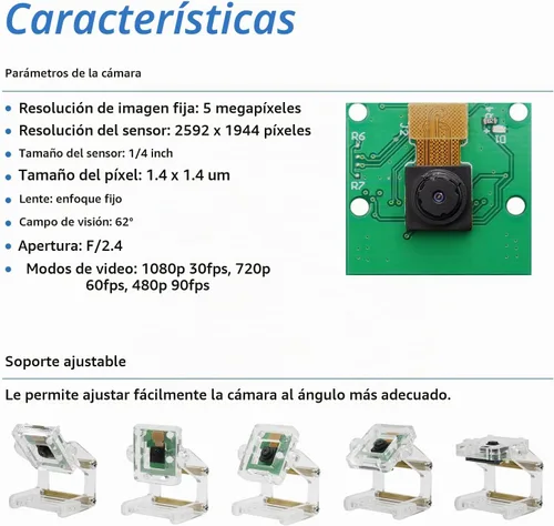 Vista 4 de FREENOVE Cámara de 5MP para Raspberry Pi 5 4 B 3 B+ A+ Zero 2 W con soporte ajustable y cable de cinta, ángulo de visión de 62°, salida 1080P 720P