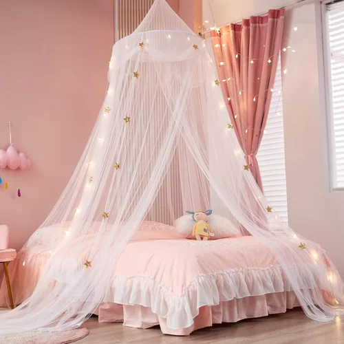 Vista 10 de Dosel de Cama para Niñas con Luces de Estrellas, Cortinas de Dosel de Cama de Princesa con Mosquitero de Estrella Dorada para Decoración de Rosa