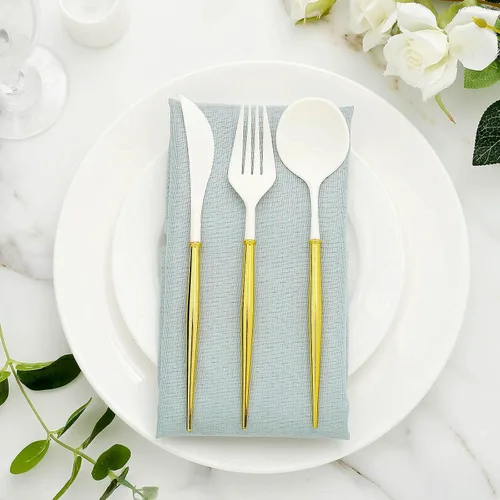 Vista 10 de Cubiertos de plástico Silverwar de plástico plateado con mango azul, cubiertos desechables pesados que incluyen 8 tenedores, 8 cucharas, 8 cuchillos