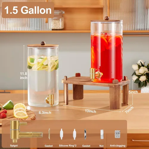 Vista 2 de 2 piezas dispensadores de bebidas de 1.5 galones, dispensador de bebidas de vidrio con soporte de madera, dispensadores grandes de agua y bebidas