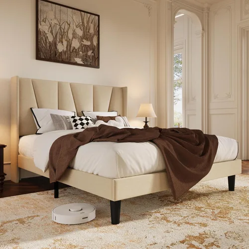 Vista 8 de HOOMIC Marco de cama tapizado completo con cabecero, color beige Beige claro