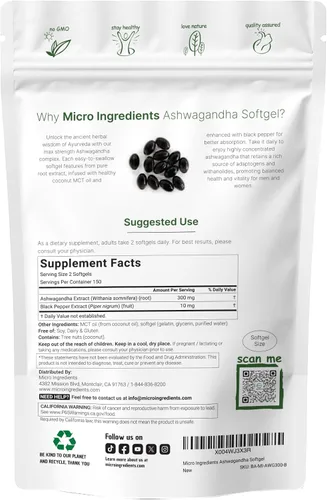 Vista 2 de Micro Ingredients Suplementos de Ashwagandha 300 cápsulas blandas de aceite MCT de coco con pimienta negra para una mejor absorción Extracto