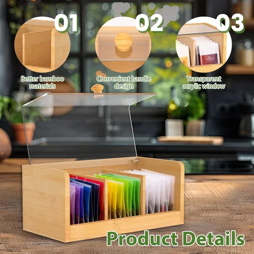 Vista 5 de Caja de té de bambú y acrílico con 3 compartimentos de 8.66 x 4.33 x 3.94 pulgadas, soporte decorativo para bolsitas de té con tapa transparente