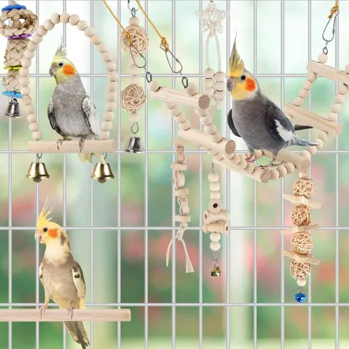 Vista 2 de Juguetes de columpio para pájaros, hamaca colgante para masticar, escalar, jaula de pájaros, juguetes para periquitos, conure, cacatúas, mynah