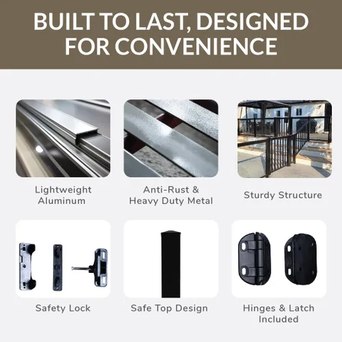 Vista 4 de Kit de puerta (estacas de 1-1/2 pulgadas, negro) Kit de puerta de cubierta de aluminio - Puerta montada en hardware integrada para terraza/patio