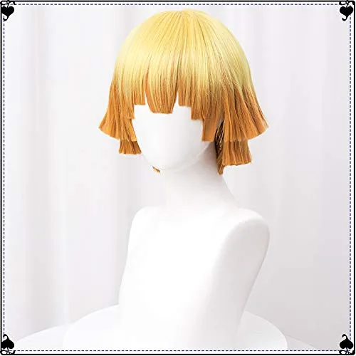 Vista 2 de Peluca SL para Agatsuma Zenitsu Cosplay para Demon Slayer corta naranja Ombre Cosplay Pelucas para niños y adultos con gorra