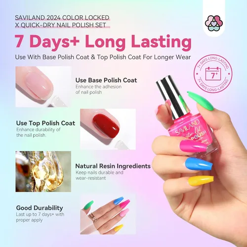 Vista 3 de SAVILAND Juego de esmaltes de uñas de secado rápido: 14 piezas de esmalte de uñas de verano neón de secado rápido, esmalte de uñas rosa intenso rojo