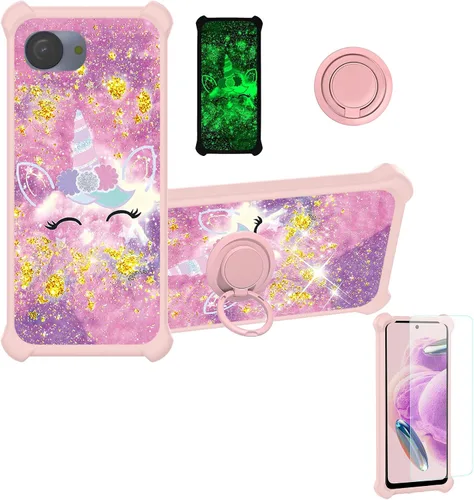 Vista 113 de jioeuinly Funda compatible con Oukitel P1 Pro con protector de pantalla de vidrio templado, policarbonato duro + silicona suave, soporte de anillo