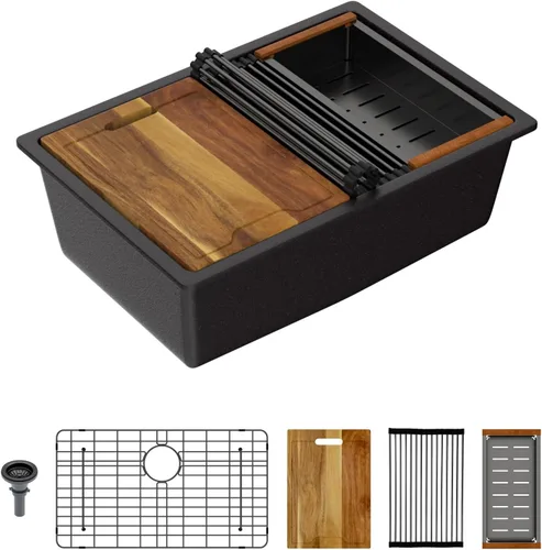 Vista 12 de Lordear Fregadero de Bar Empotrado de Granito Compuesto de 18 Pulgadas 18"x18" Fregaderos de Cocina de Cuarzo Compuesto Negro de Un Solo Tazón Bajo