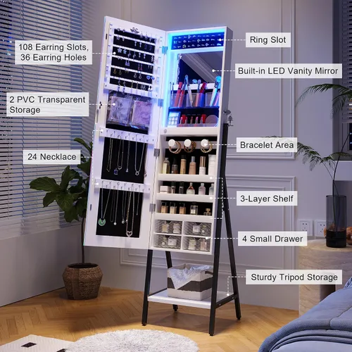 Vista 4 de HNEBC Armario de joyería con espejo LED RGB, organizador de joyas de pie de longitud completa con almacenamiento, espejo de joyería con cerradura