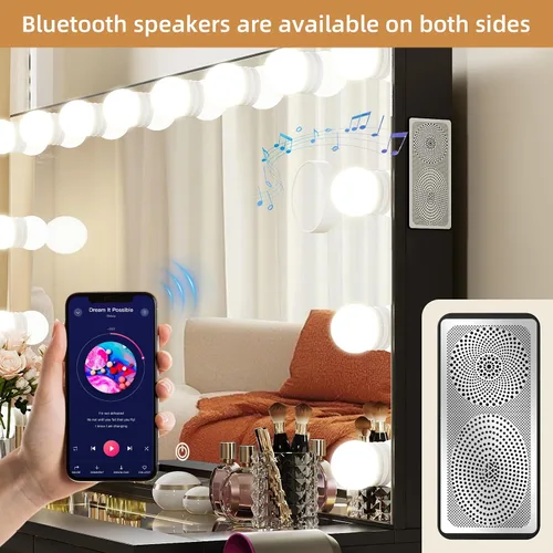 Vista 3 de VOWNER - Tocador con espejo iluminado, escritorio de maquillaje con altavoz Bluetooth Glass Top Vanity with 11 Drawers and 3 Color Lights