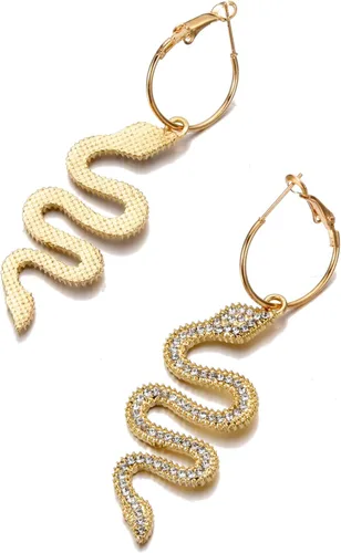 Vista 6 de Balirek Aretes y collar de serpiente chapados en oro de 14 quilates, aretes colgantes personalizados, diseño de animales punk, hipoalergénicos