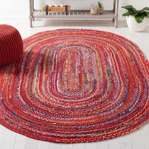Vista 17 de SAFAVIEH Alfombra trenzada de la colección – Alfombra redonda de 3 pies, color beige con detalles rosados, algodón hecho a mano, estilo cabaña