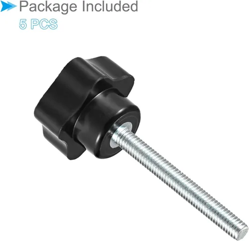 Vista 5 de Perillas de sujeción de estrella, rosca macho M5 x 2.756 in, cabeza de 0.925 in, mango de tornillo de pulgar de plástico, perno roscado negro