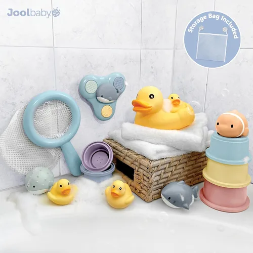 Vista 2 de Jool Baby Juego de regalo de 15 piezas de juguetes de bañera – Chorros de baño, patos de goma, juguete giratorio de ballena – Organizador