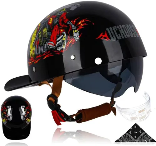 Vista 19 de Gorra de béisbol para motocicleta, 3 unidades, aprobado por DOT, estilo vintage, cara abierta, unisex, para adultos, medios cascos de doble lente