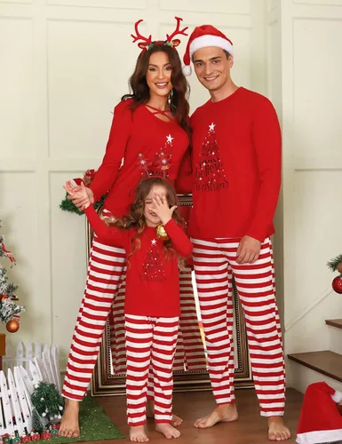 Vista 3 de iClosam Juego de pijamas familiares a juego, pijamas a rayas navideño, pijamas para papá, mamá, pijamas