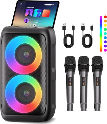 Vista 9 de Altavoz Bluetooth con 2 micrófonos inalámbricos recargables, altavoz portátil para fiesta con luces de colores, altavoces de pie compatibles