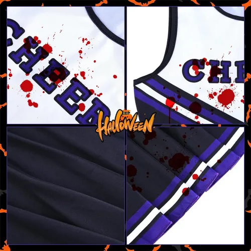 Vista 3 de El juego de 5 piezas de disfraz de animadora zombi incluye vestido, pantimedias, pompones, calcomanías, gel de sangre falsa para niñas, disfraz