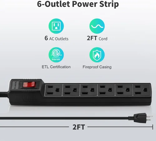 Vista 2 de PLUGTUL Paquete de 2 protectores de sobretensiones con 6 tomas de corriente y cable de extensión de 2 pies, 1875 W/15 A, 90 julios, protección Negro