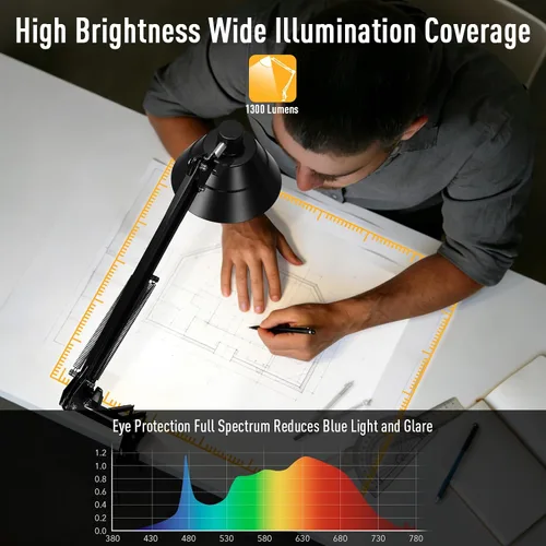 Vista 3 de Lámpara de escritorio LED para oficina en casa, lámpara de escritorio con brazo oscilante con abrazadera, lámpara de mesa de cuello de cisne Negro