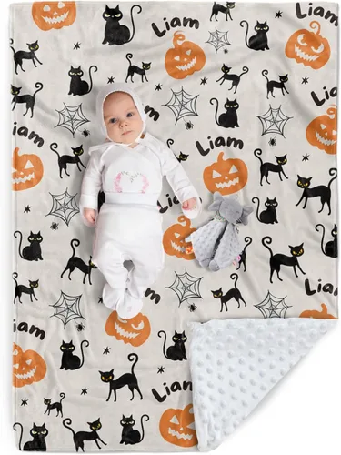 Vista 18 de Manta de Halloween personalizada, diseños de dibujos animados con nombre personalizable, manta de franela de felpa suave con respaldo punteado