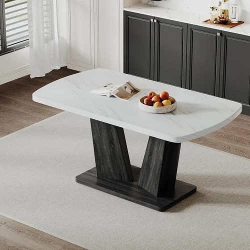 Vista 2 de Mesa de comedor de mármol, mesa de comedor moderna de 63 pulgadas, mesa de comedor blanca para 4-6, mesa de cocina de mármol blanco, mesa de comedor