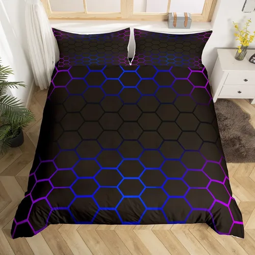 Vista 23 de Juego de ropa de cama geométrica de panal verde y azul, funda de edredón hexagonal estereoscópica para niños y niñas, funda de edredón hexagonal