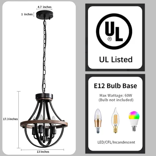 Vista 5 de Lámpara de Araña Estilo Granja, Lámpara Colgante Moderna, Luminaria de Techo Rústica de 4 Luces, Lámpara de Araña Vintage para Pasillo Vestíbulo