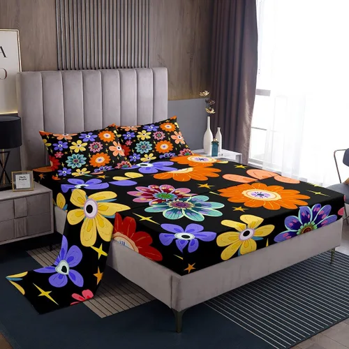 Vista 32 de Bonito juego de sábanas de flores para niñas y mujeres, sábanas coloridas de dibujos animados de flores funky de tamaño individual, bonito juego