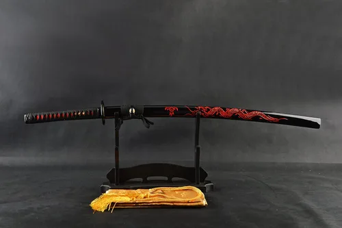 Vista 2 de Dragón rojo grabado SAYA - Espada guerrera katana japonesa de Damasco con hoja de acero doblada