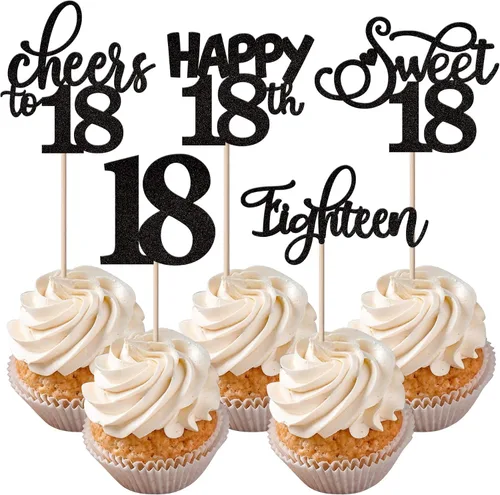 Vista 11 de Rsstarxi Paquete de 30 adornos para cupcakes de 6º cumpleaños con purpurina negra de seis Hello 6 para cupcakes Cheers to 6 años de edad