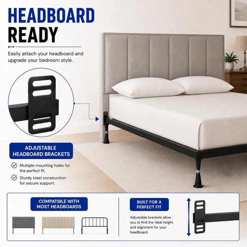Vista 3 de Greaton, Base de cama de metal avanzada para somier y colchón, cabecero ajustable, sin ruido, sin herramientas, fácil montaje, soporte de 4 patas