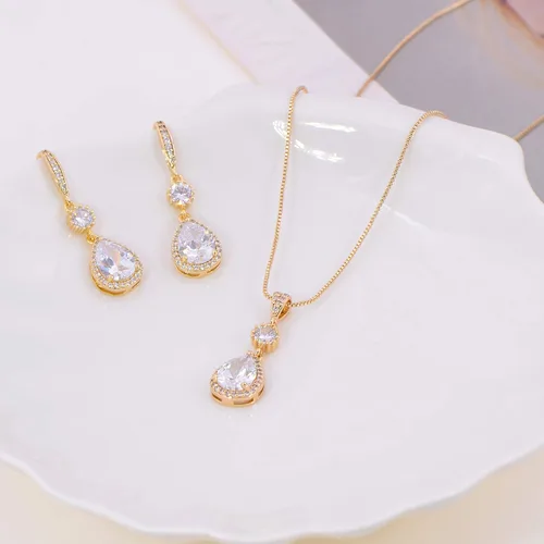 Vista 37 de Conjunto de joyería para boda, aretes de lagrima y collar con dije de circonio cúbico