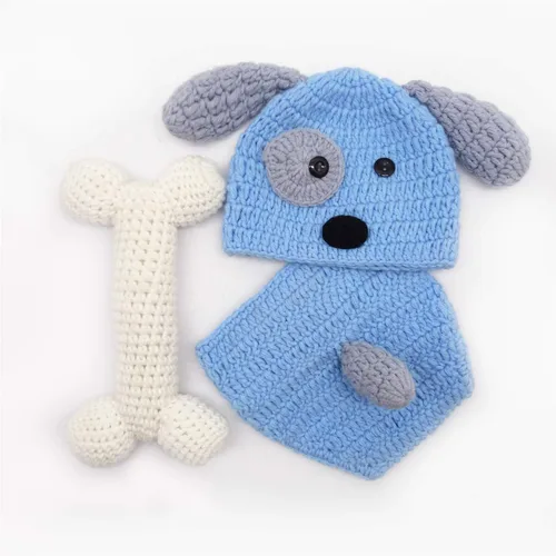 Vista 6 de Traje de bebé recién nacido, accesorios para fotos, trajes de ganchillo de punto azul con gorro de perro, pantalones cortos con hueso para niños